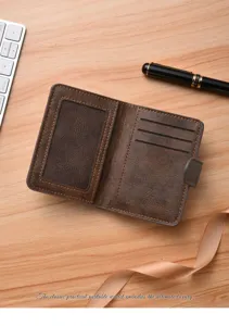Retro leather men's short wallet detail view, featuring multi-card slots and secure snap closure.