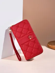 Women's Quilted Long Wallet PU Leather Bifold Zipper Purse With Floral Embroidery Wrist Strap Casual Handbag