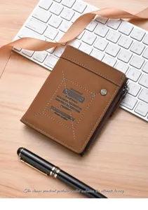 Detail view of the brown leather men wallet showcasing zipper pocket and snap button.