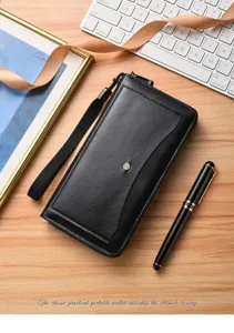 Portafoglio lungo uomo nero in pelle borsa a mano con laccetto e cerniera, porta carte affari.