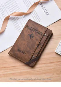 Vintage PU leather passport holder wallet with card slots and elastic band for travel.