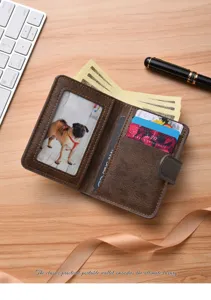 Vintage brown men's short wallet with contrast buckle, multiple card slots and ID window.