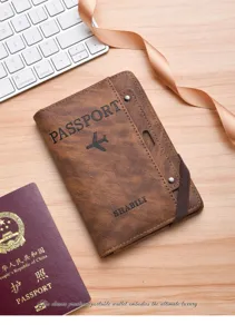Brown PU leather multi-functional passport holder with elastic band and card slots detail view