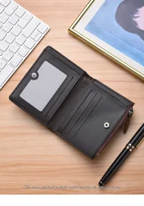 Men's brown short wallet detail, multi-card slots, zipper coin pocket and snap closure.