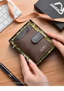 Men's short leather wallet with contrast color design, snap closure and multiple card slots.