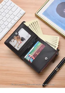 Men's short vertical leather wallet with multiple card slots zipper coin pocket snap closure.