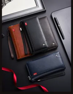 Close-up detail of men's business long wallet, multi-card slot leather clutch bag design.