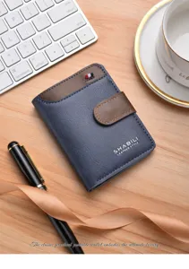 Men's leather short wallet detail view, stylish color-blocked design with card slots and buckle.