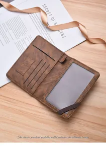 Detail view of brown PU leather passport wallet featuring card slots and clear ID window.