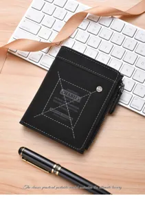 Detailed view of black leather short wallet with multiple card slots and zipper pocket.
