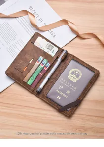 Detailed view of brown leather passport wallet with multi card slots and pen holder design.