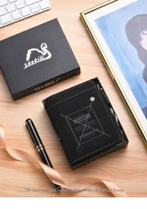 Men's short leather wallet with multiple card slots and zipper design, classic black style.