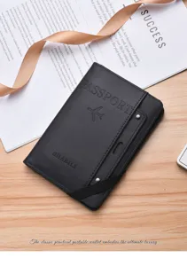 Multifunctional black leather passport holder and card case travel wallet organizer.