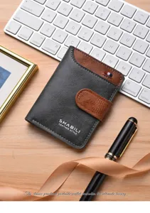 Detailed view of a retro men's short wallet with contrast color buckle and multi-card slots.
