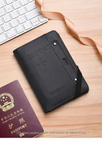 Multifunctional black leather passport holder with card slots and elastic band for travel.