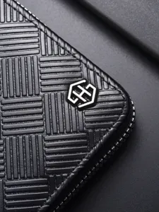 Heren korte portemonnee zakelijk zwart geweven leer muntzakje met metalen logo hoofd