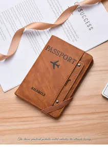 Brown PU leather travel passport holder with elastic band and card slots for men women