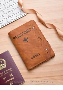 Multifunctional brown PU leather passport holder with elastic band travel wallet organizer