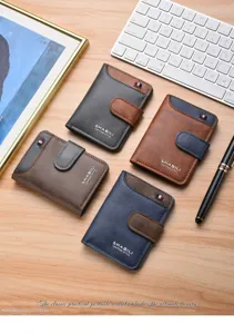 Men's retro contrast color short wallet with buckle and multiple card slots for business daily use.