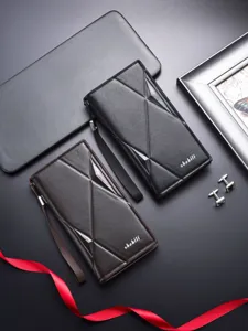 Portafoglio uomo lungo motivo geometrico affari in pelle PU pochette con polsiera