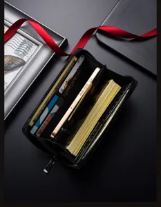 Portafoglio uomo lungo con cerniera dettaglio, borsa telefono business in pelle PU nera.