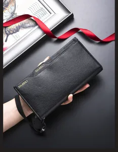 Men's black leather long wallet clutch large capacity card slots with wrist strap business style.