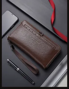Portefeuille long homme en cuir PU pochette grande capacité fentes cartes bracelet détail