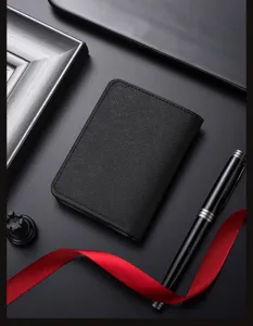 Black bifold card holder for men, textured leather card case with multi slots and pocket.