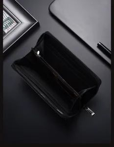 Men's long black zip wallet with multiple card slots and coin pocket, premium design.