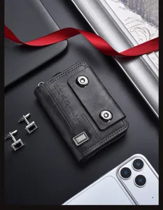 Men's accordion card wallet, black leather mini wallet with double snap buttons and zip pocket.