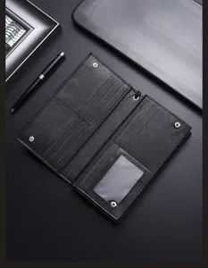 Premium black long men's wallet with multiple card slots and clear ID window for business use.