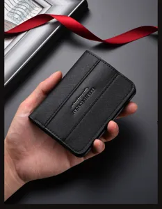 Detailed view of black textured men's card holder wallet with multiple card slots and capacity.