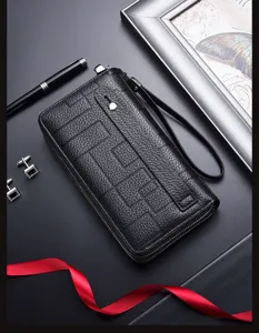 Billetera Larga de Cuero Negro para Hombre Doble Cremallera Bolso con Correa para Mano