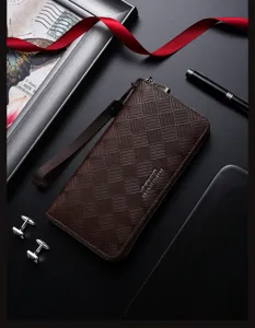 Portafoglio lungo da uomo in ecopelle PU con cerniera e cinturino elegante.