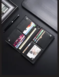 Men's black leather long wallet with multi-card slots and large capacity design detail view.