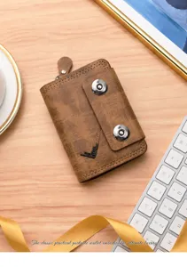 Porte-cartes accordéon marron pour hommes double boucle grand portefeuille monnaie compact.