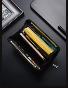 Men's black long zipper wallet with large capacity, multi-card slots and phone compartment.