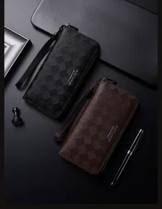 Vista dettagliata della pochette da uomo lunga in pelle PU con motivo a rombi ed elegante.