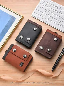 Porte-cartes accordéon en cuir pour homme avec double bouton-pression et fermeture éclair.