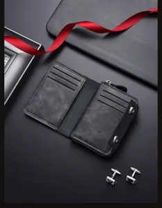 Men accordion card holder detail, black PU leather wallet with double snap buttons.