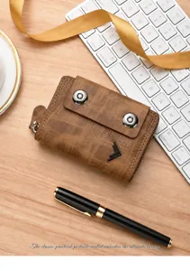 Porte-cartes accordéon pour homme avec double bouton-pression et grand portefeuille en cuir.