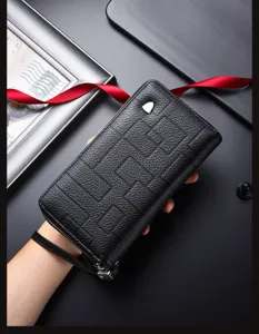Cartera larga de cuero para hombre doble cremallera bolso de mano gran capacidad tarjetero