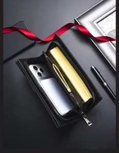 Detailed view of black men's long wallet featuring large capacity, multiple card slots, phone pocket.