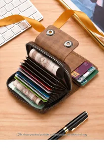 Portefeuille porte-cartes accordéon rétro pour homme avec fentes multiples et double bouton.
