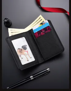 Black leather folding card holder wallet with multiple card slots and clear ID window.