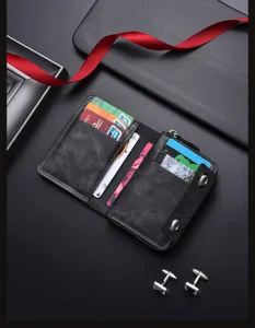 Men's black leather accordion card holder wallet detail view with snap buttons and card slots.