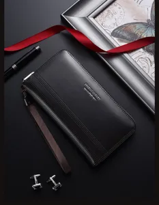 Men's long wallet zipper clutch casual card holder black business purse for daily use
