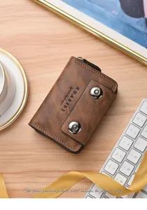 Men vintage brown leather card holder double snap button accordion wallet coin purse