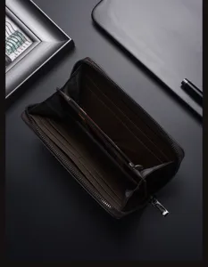 Detailed view of the men's long zip wallet showcasing multiple card slots, dark brown finish.
