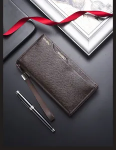 Men's long business wallet with wrist strap large capacity card holder leather clutch bag.